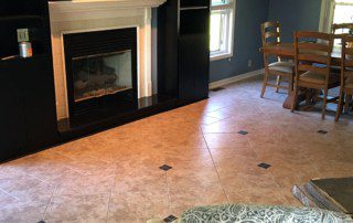 tiled floor leads to fireplace