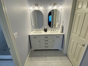 Picture of new bathroom vanity and tile flooring